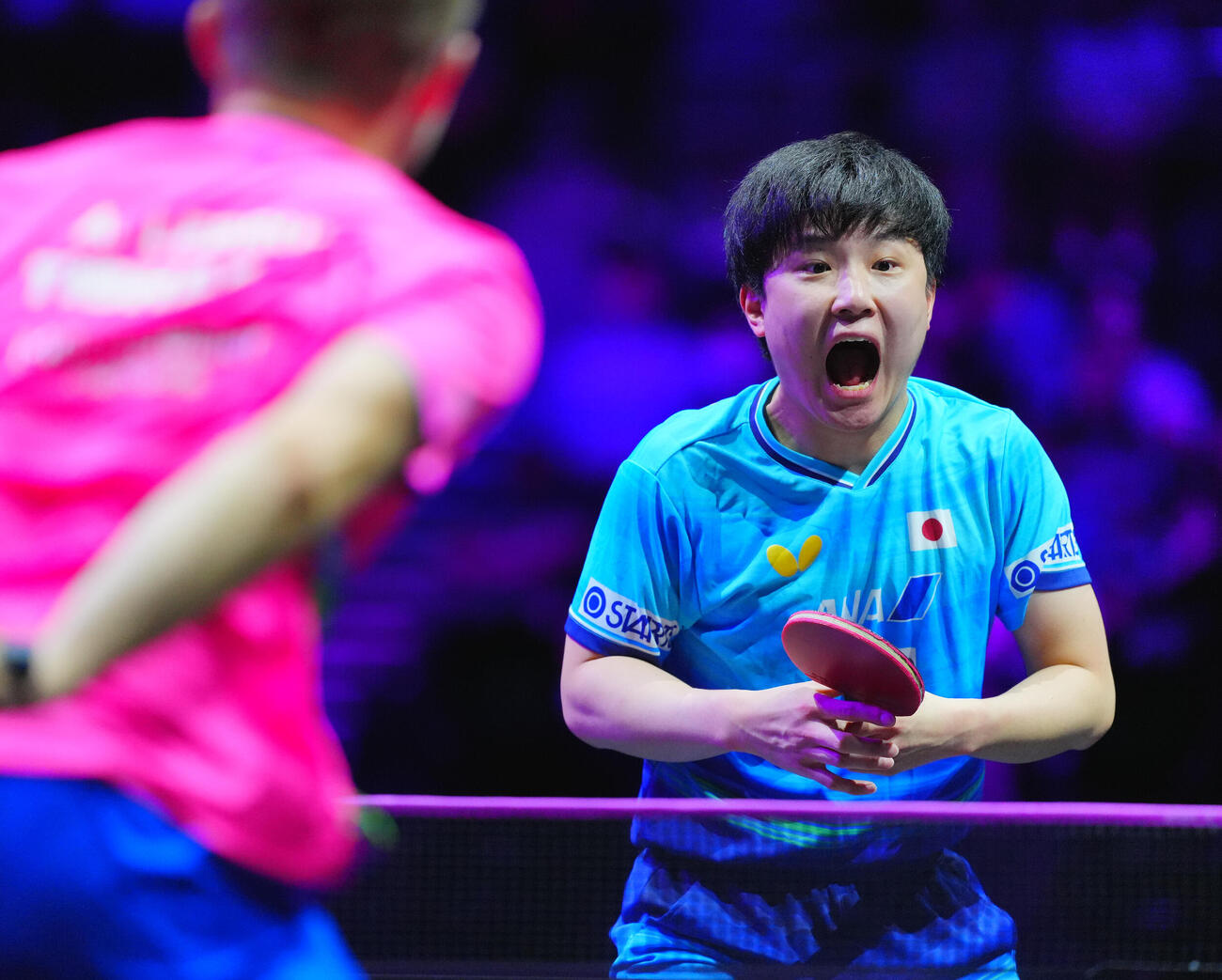 男子準々決勝でアレクシス・ルブランと対戦する張本智和（撮影・垰建太）