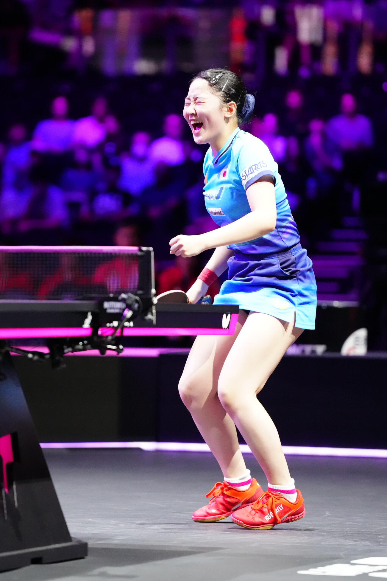 女子決勝の第6ゲーム、陳幸同からポイントを奪い、優勝を決めた張本美和（撮影・江口和貴）