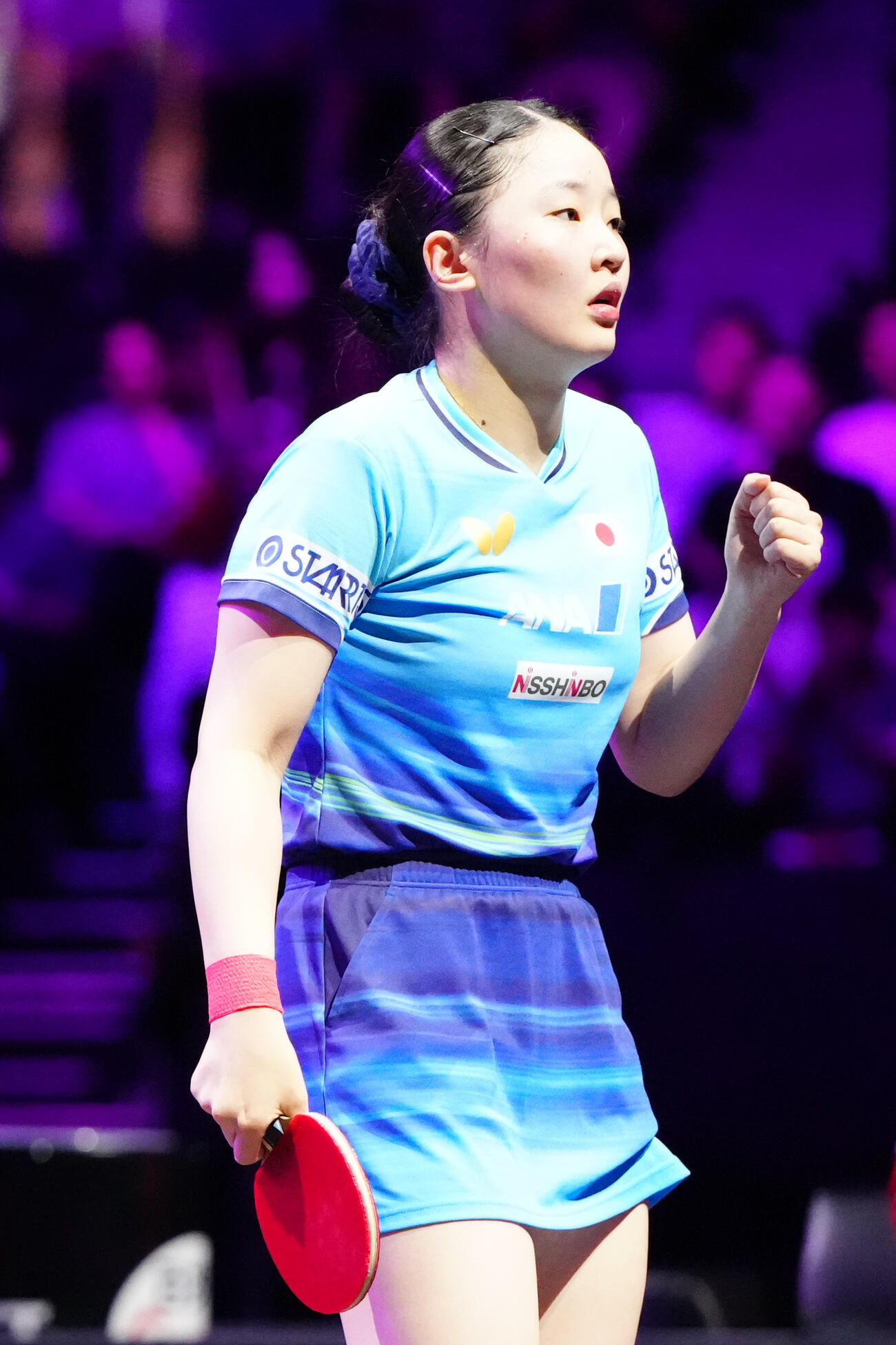 女子決勝　第2ゲーム、陳幸同からポイントを奪い、ガッツポーズを見せる張本美和（撮影・江口和貴）
