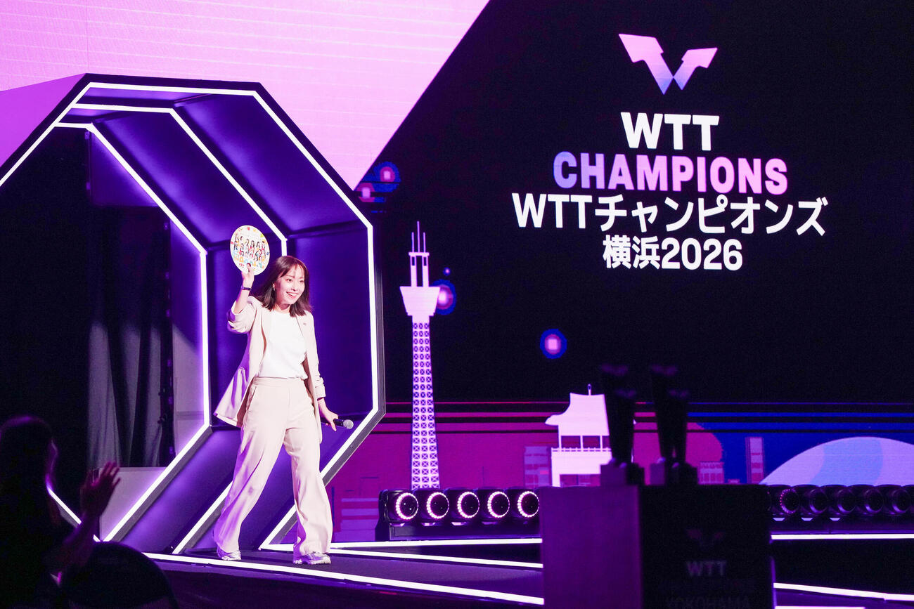 WTTチャンピオンズ決勝前、登場した石川佳純さん（撮影・江口和貴）