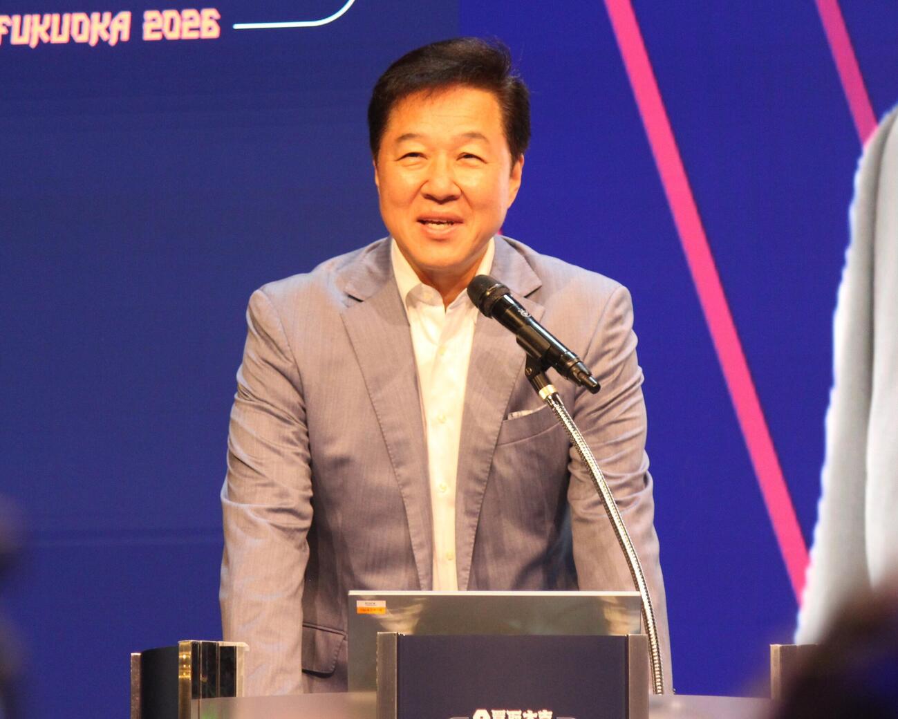 バレーボールアジア選手権男子の組み合わせ抽選会に出席する日本協会の川合俊一会長