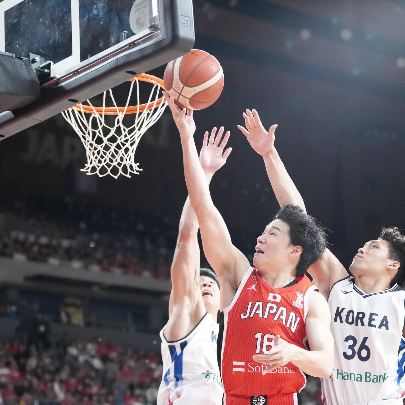 日本対韓国　1Q、シュートを決める馬場雄大（撮影・小島史椰）