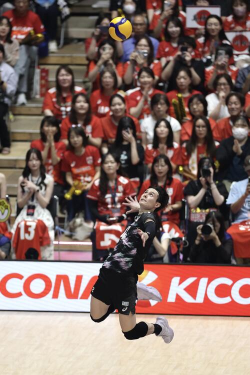 日本対インド 第1セット、ジャンプサーブを放つ高橋藍(撮影・前田充)