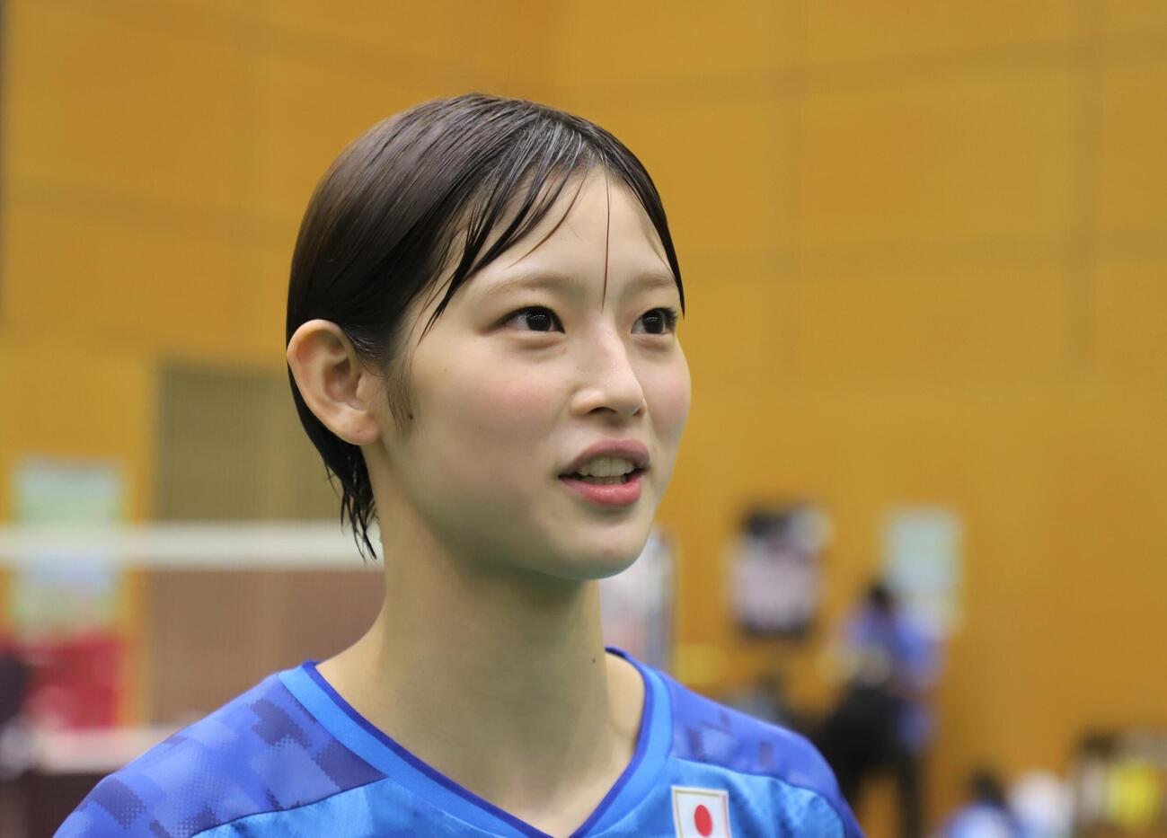 取材に応じる田口真彩（撮影・藤塚大輔）