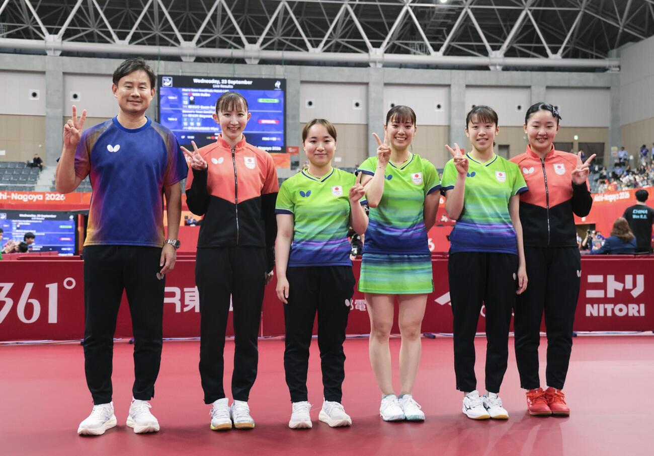 2026年9月23日、女子団体準決勝で韓国に勝利した日本＝豊田市総合体育館（共同）