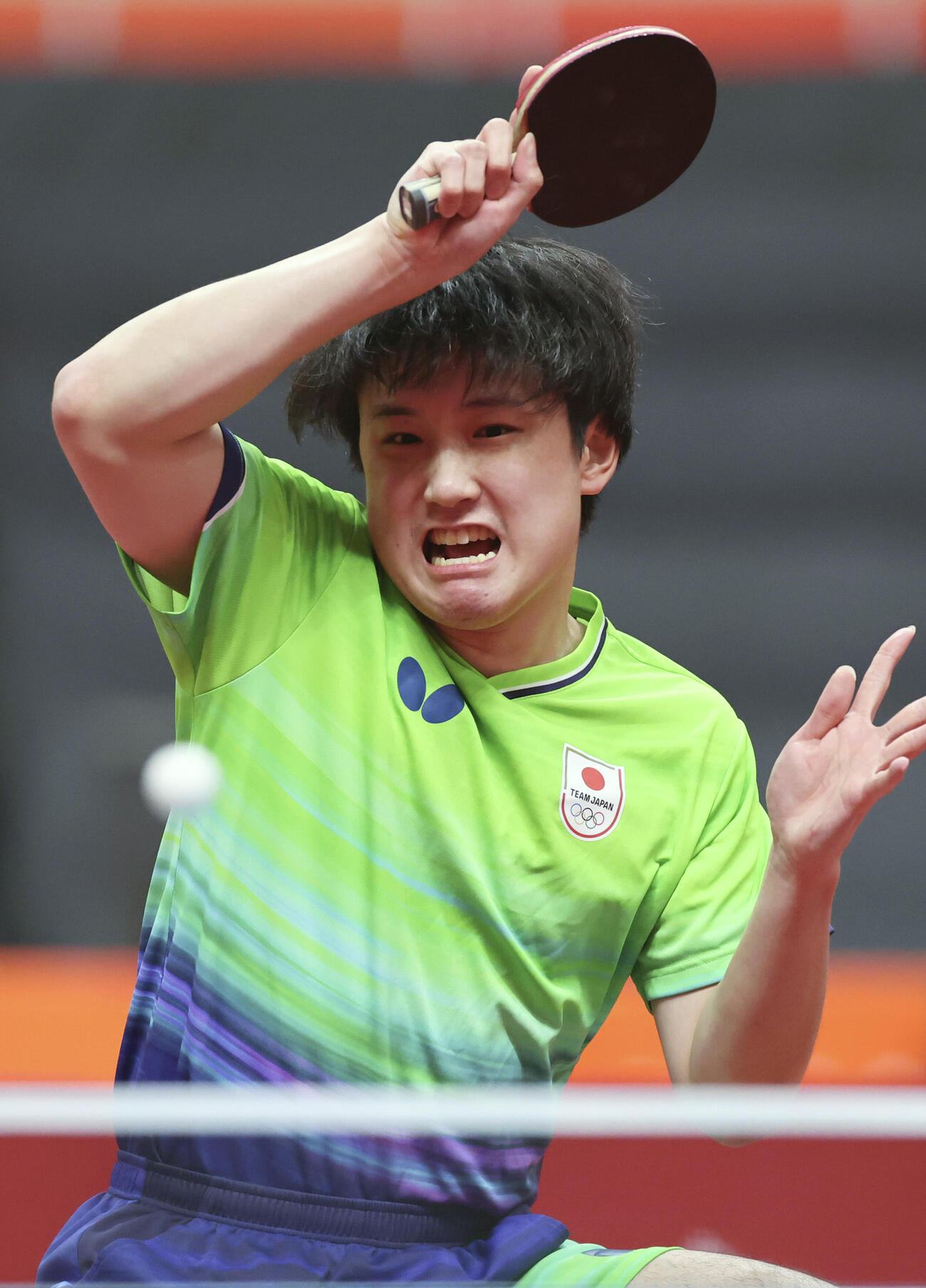 男子シングルス準々決勝　イラン選手と対戦する張本智和＝豊田市総合体育館（共同）