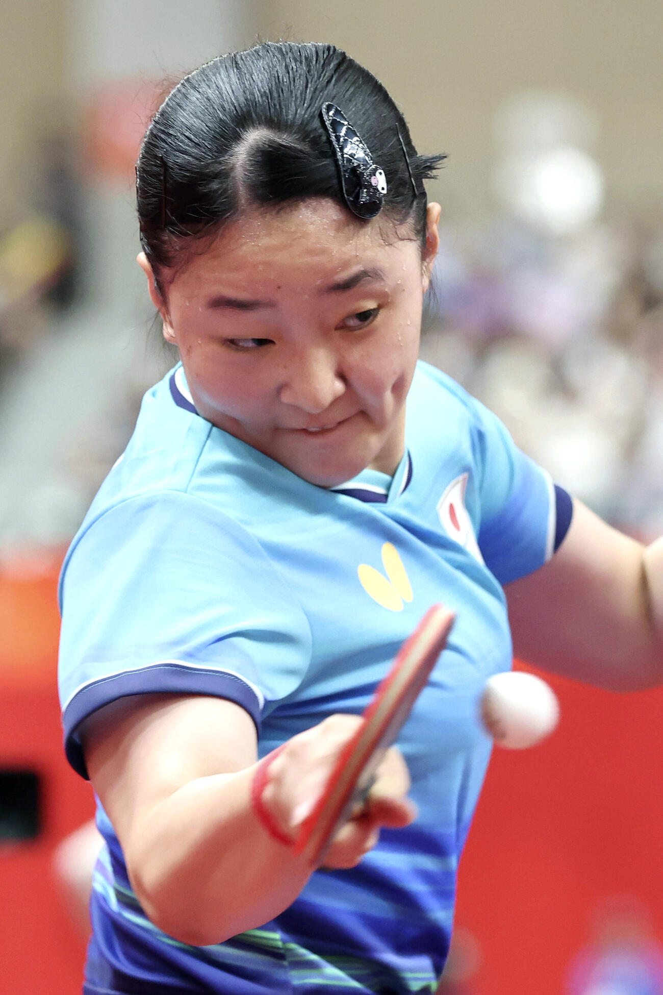 女子シングルス準々決勝　北朝鮮選手と対戦する張本美和＝豊田市総合体育館（共同）