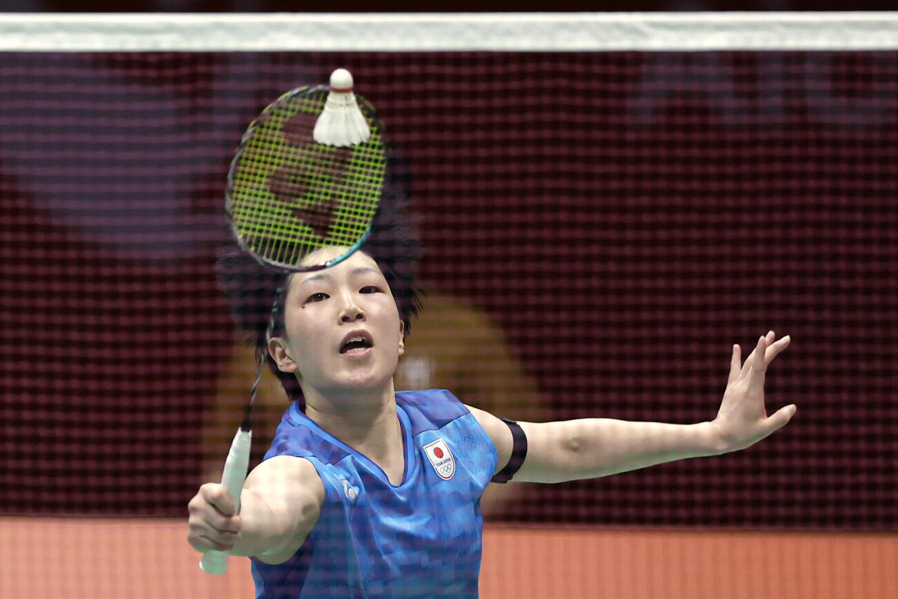 女子シングルス準決勝　プレーする山口茜＝一宮市総合体育館（共同）