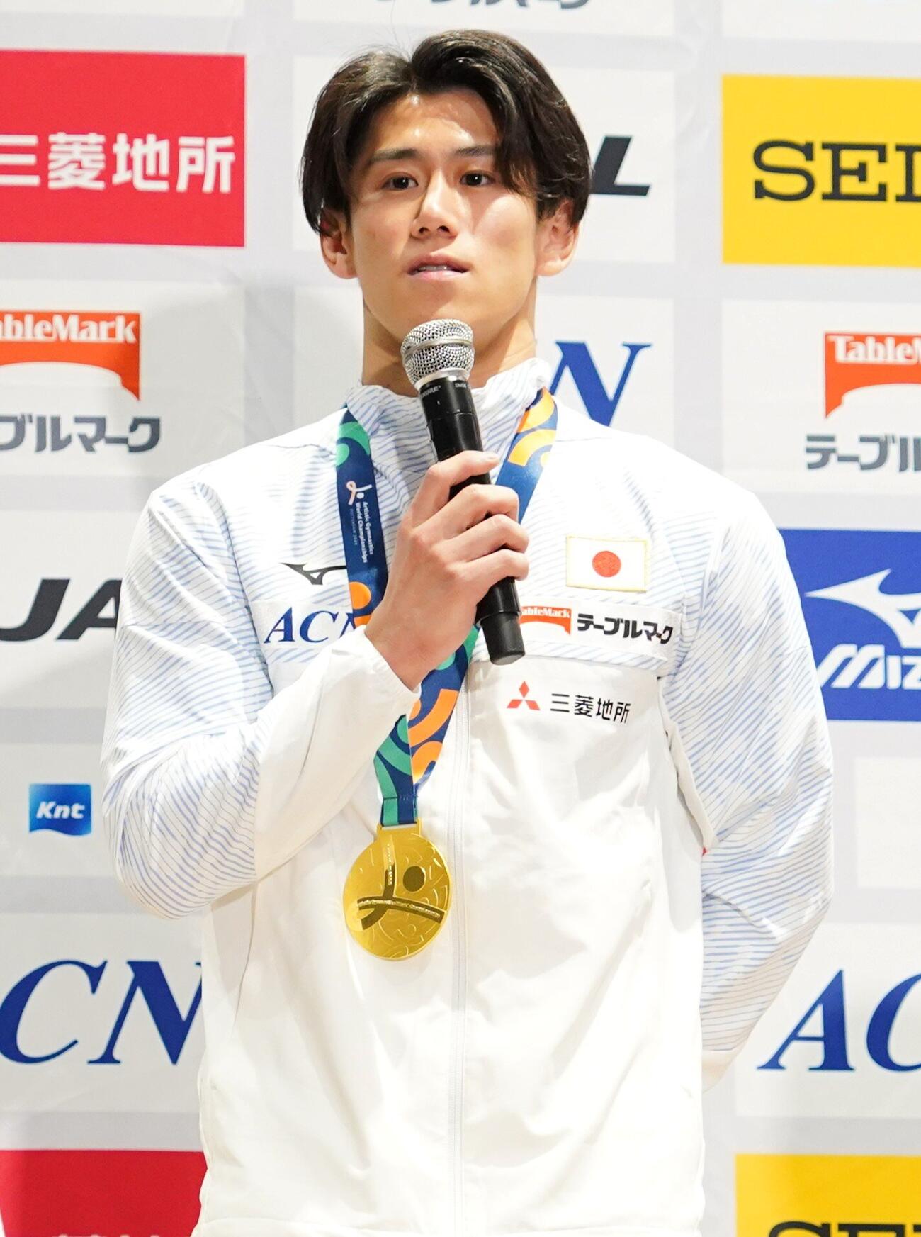 体操世界選手権の帰国会見に臨んだ橋本大輝（撮影・栗林真菜）＝2026年10月28日