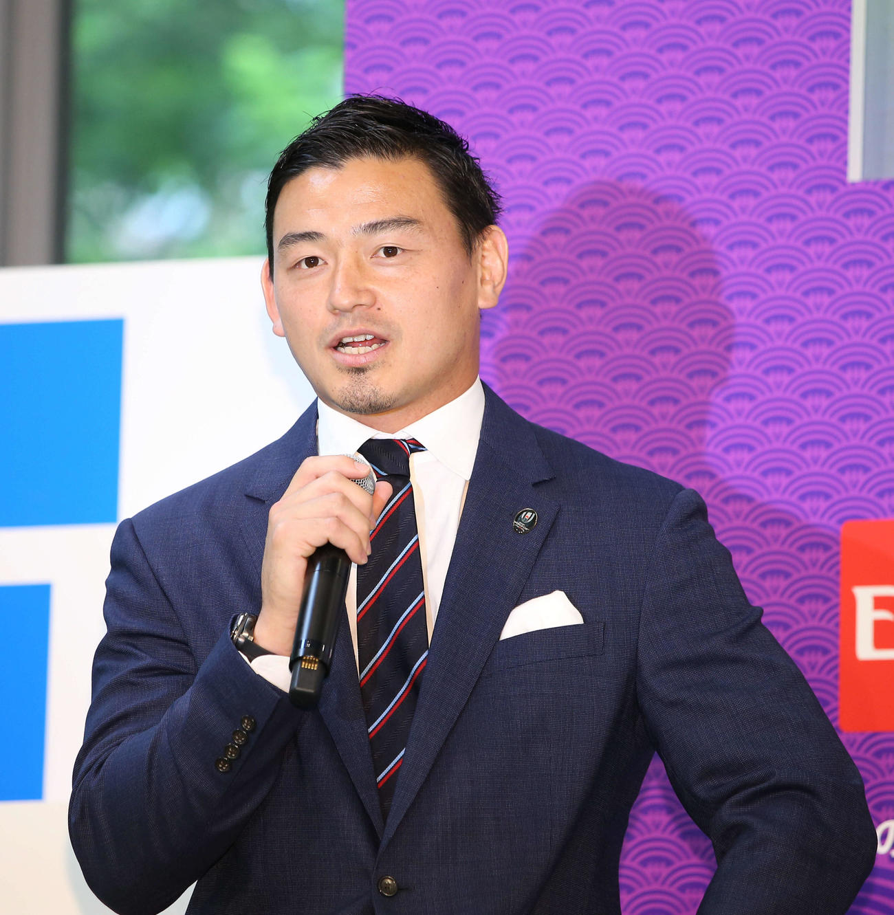 ラグビーワールドカップ2019日本大会の意気込みを語る五郎丸歩（2019年6月12日撮影）