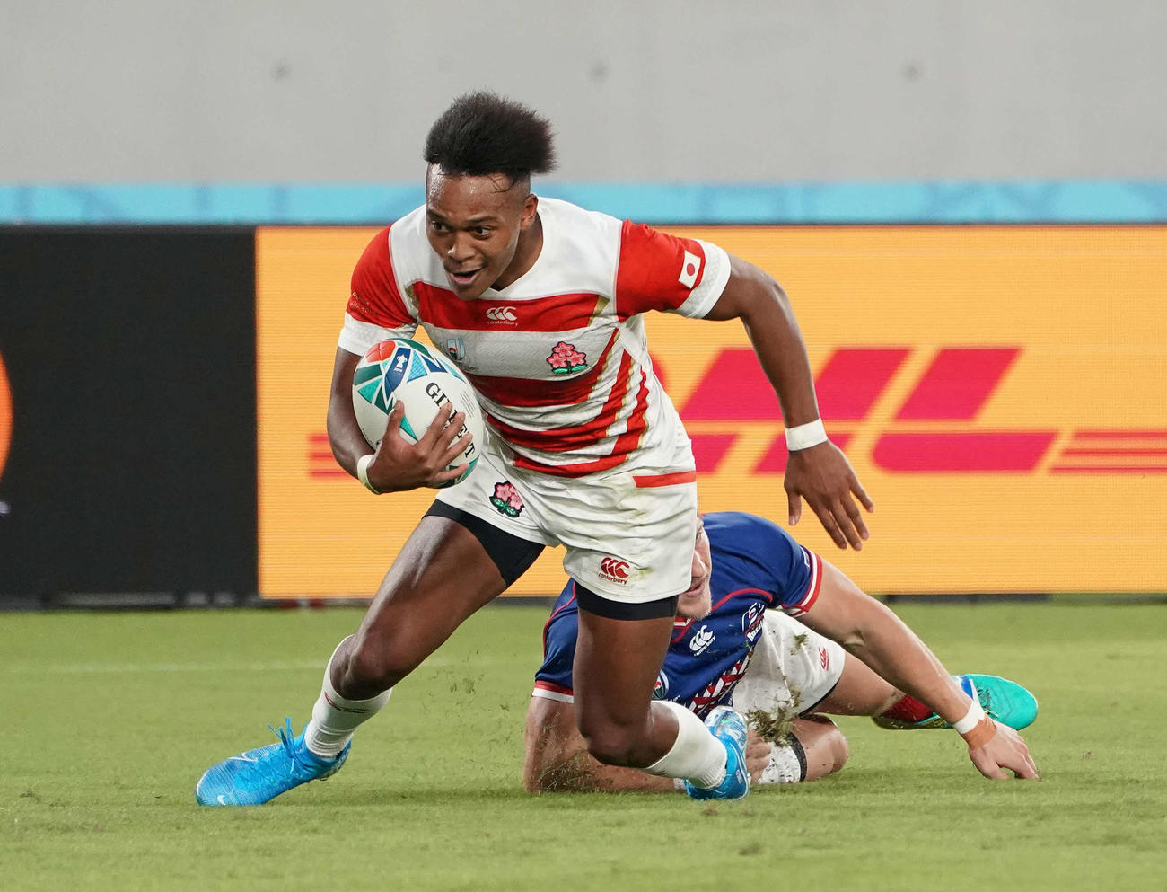 日本対ロシア　後半、トライを決めるWTB松島（2019年9月20日撮影）