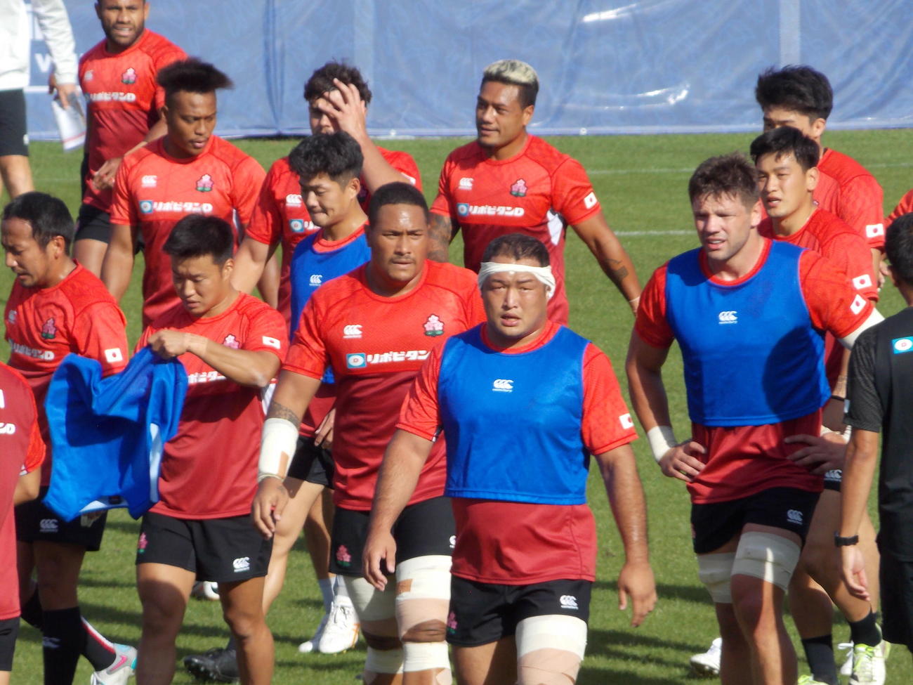 サモア戦を2日後に控えた練習で汗を流すFBレメキ・ロマノラバ（後列右から2人目）ら日本代表