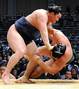 鶴竜を上手投げで破り、年間最多勝を挙げた白鵬(撮影・岡本肇)