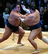 琴光喜（右）を押し出しで破る千代大海（撮影・水谷安孝）