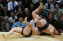安馬（左）を小手投げで破った千代大海は顔面で着地？（撮影・岡本肇）