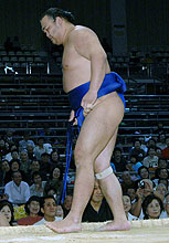 14日、取り組みを終え痛そうに右足を引きずる高見盛(撮影・下田雄一)